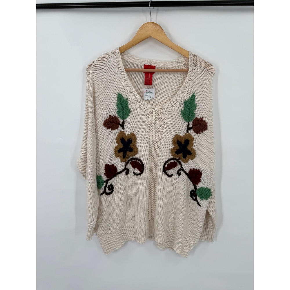 V Cristina Sweater Womens L Embroidered Knit Foral Grandma Cotagecore Relaxed